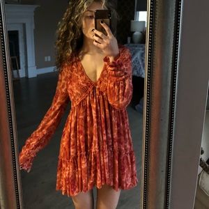 Free People, Size Small, Red/orange flowy long sleeve floral dress!
